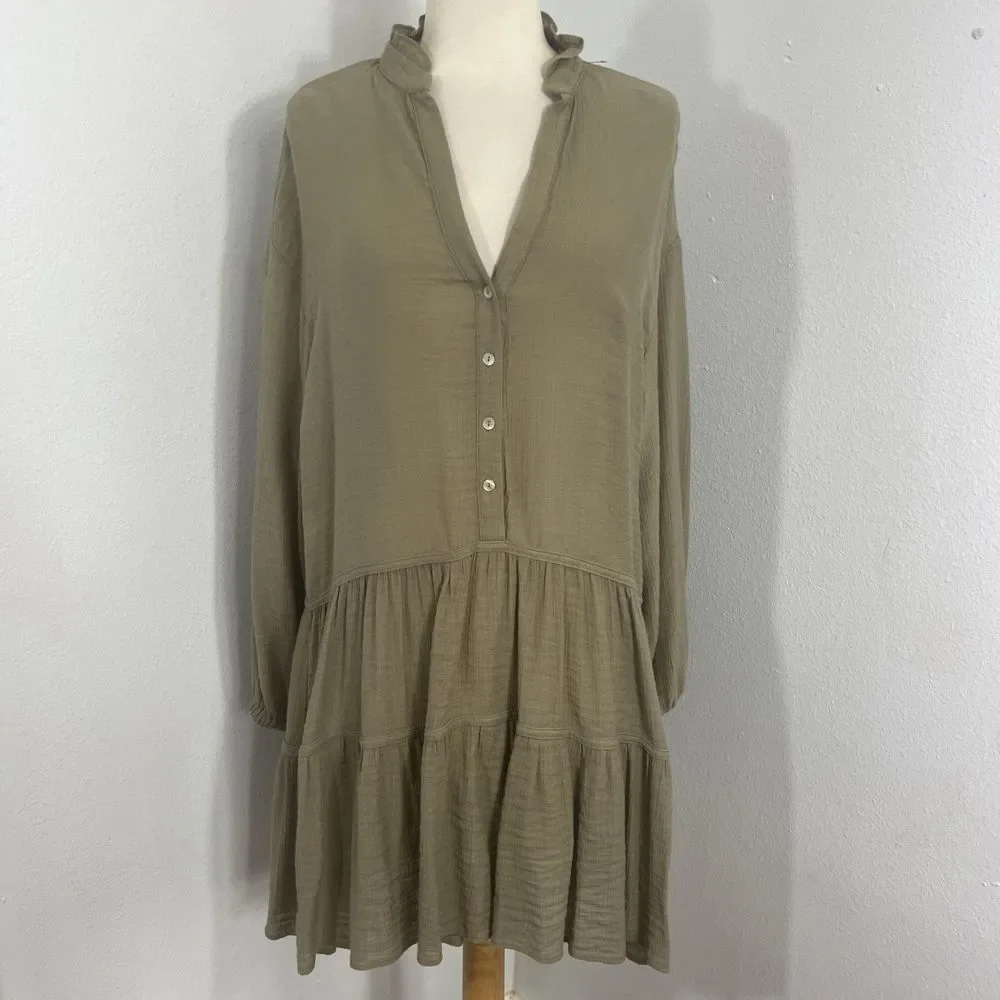 Zara Mini Dress Womens Small Olive Ruffle‎ V Neck Tiered Vacation